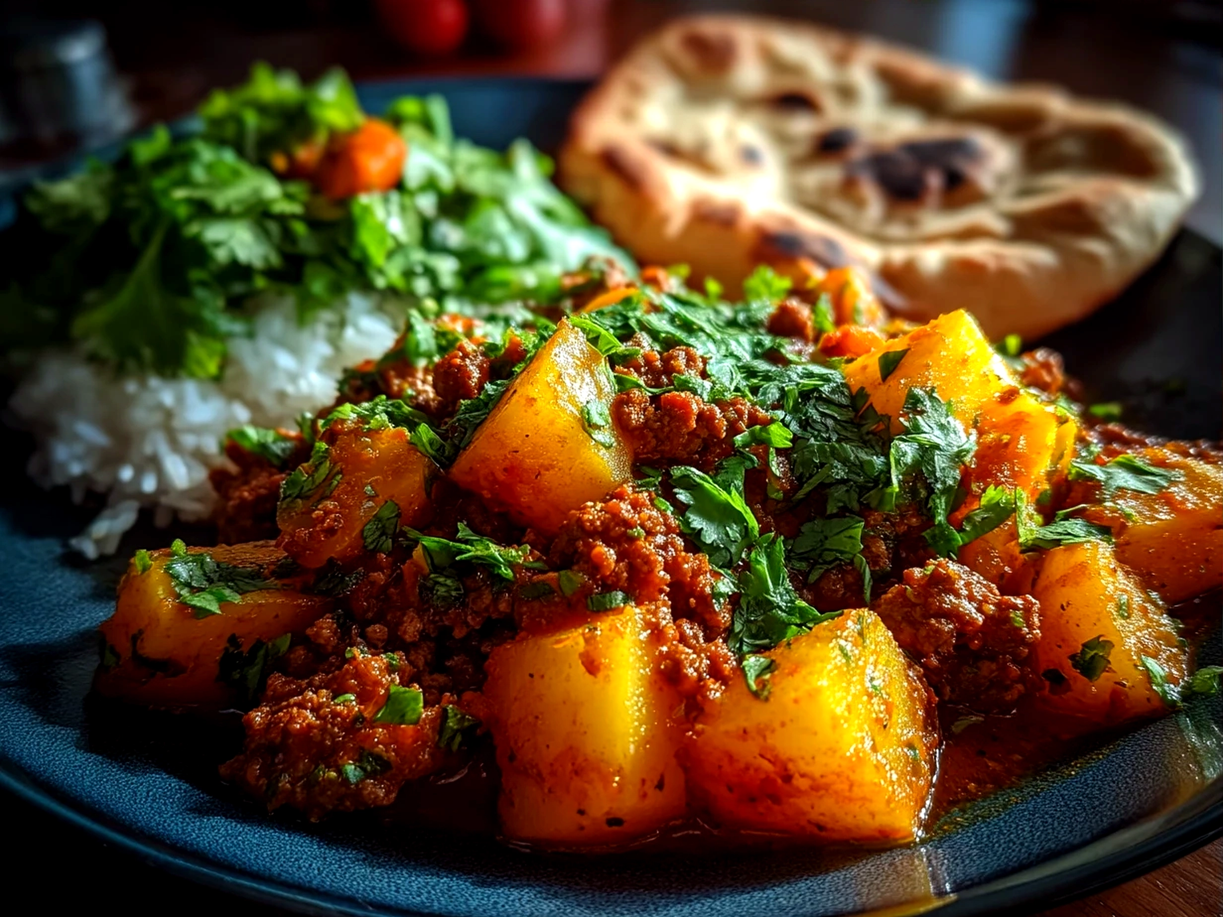 Serving bowl of Aloo Keema Curry garnished with fresh coriander on a rustic table.