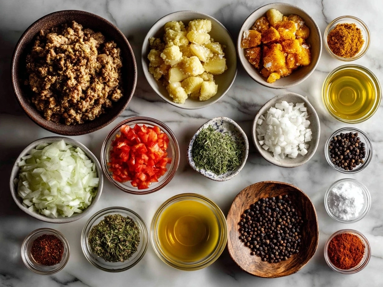 Ingredients for Aloo Keema Curry including minced meat, potatoes, onions, spices.