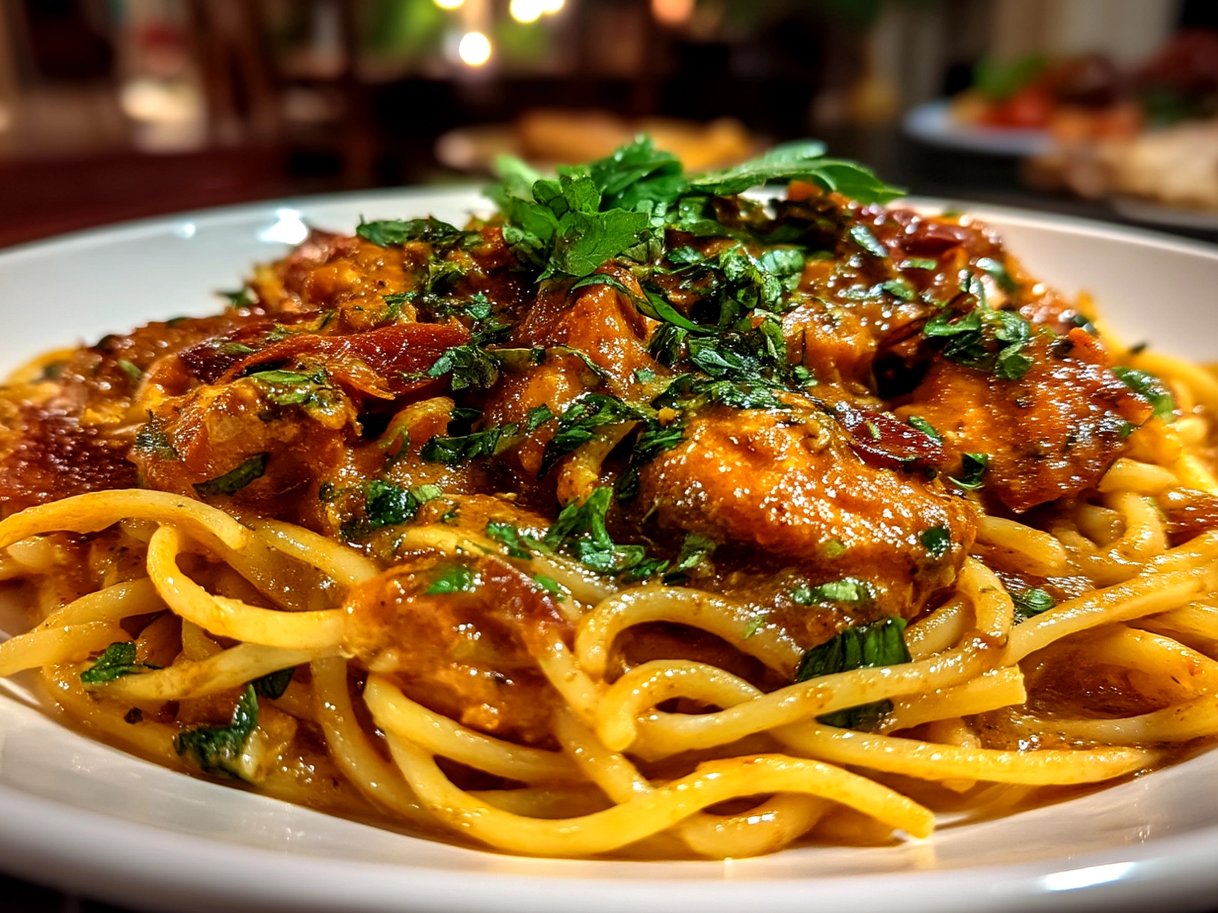 Slight angle close-up of finished comforting Butter Chicken Linguine, rich and inviting, served in an amateur kitchen with iPhone 14