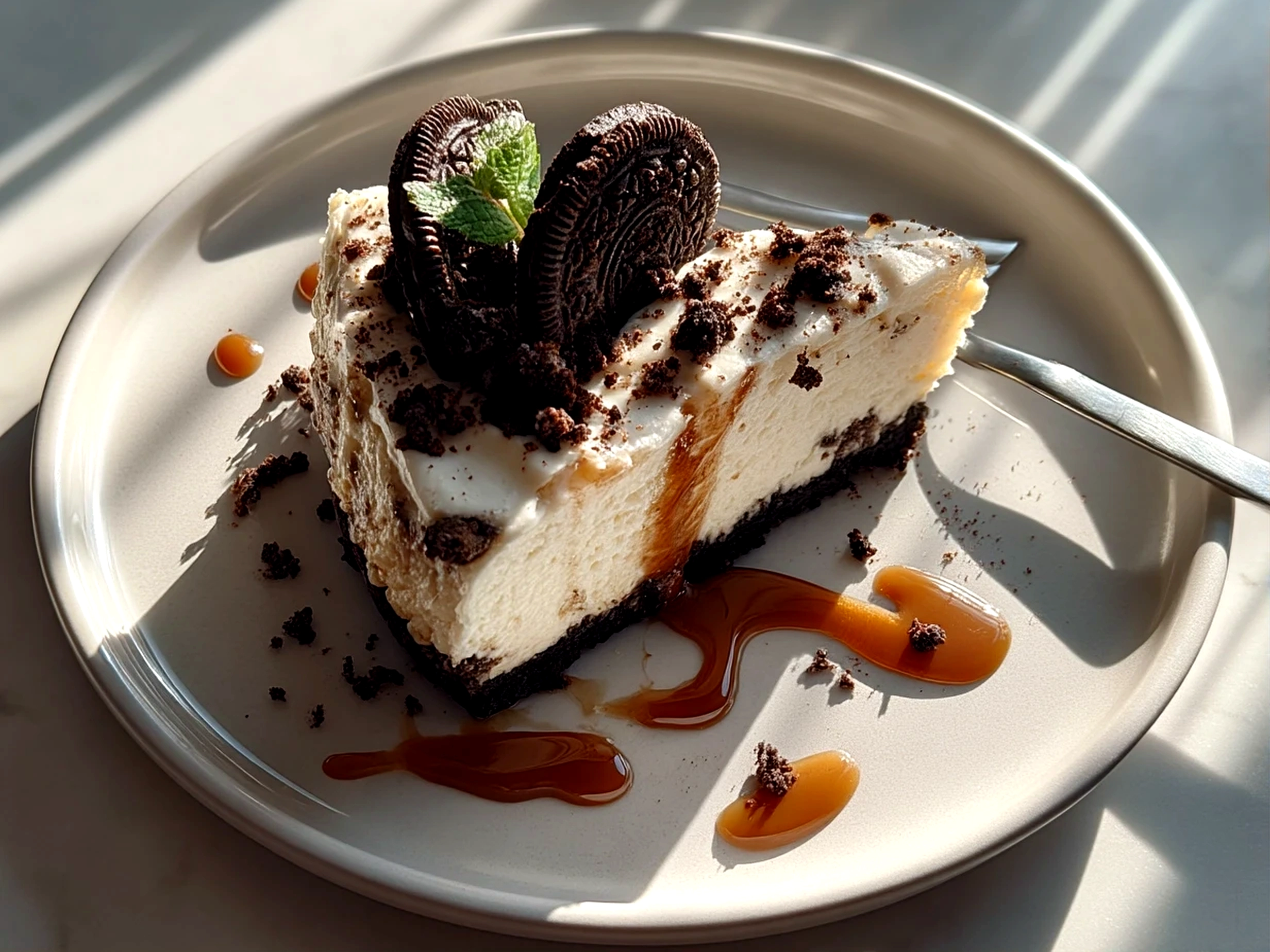 Close-up of finished comforting Oreo Cheesecake ready to serve, fresh and vibrant