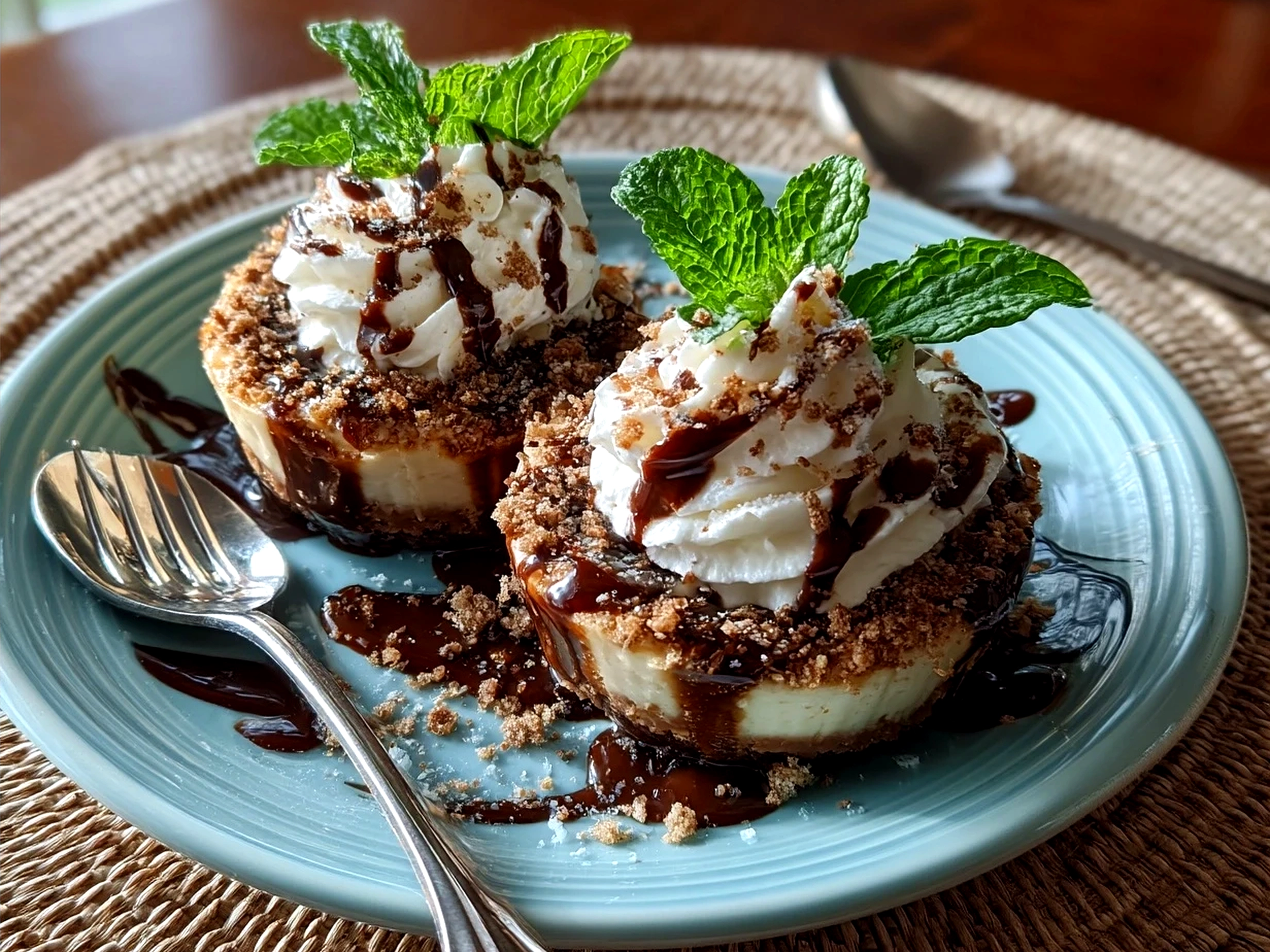Finished Andes Mint Mini Cheesecakes ready to serve with chocolate drizzle