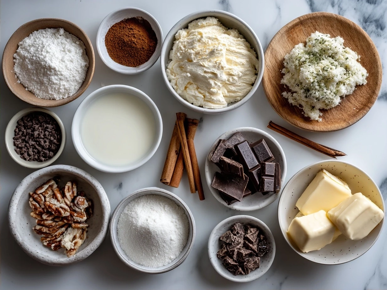 Ingredients for Andes Mint Mini Cheesecakes including crushed graham crackers, cream cheese, Andes mint candies, and melted chocolate
