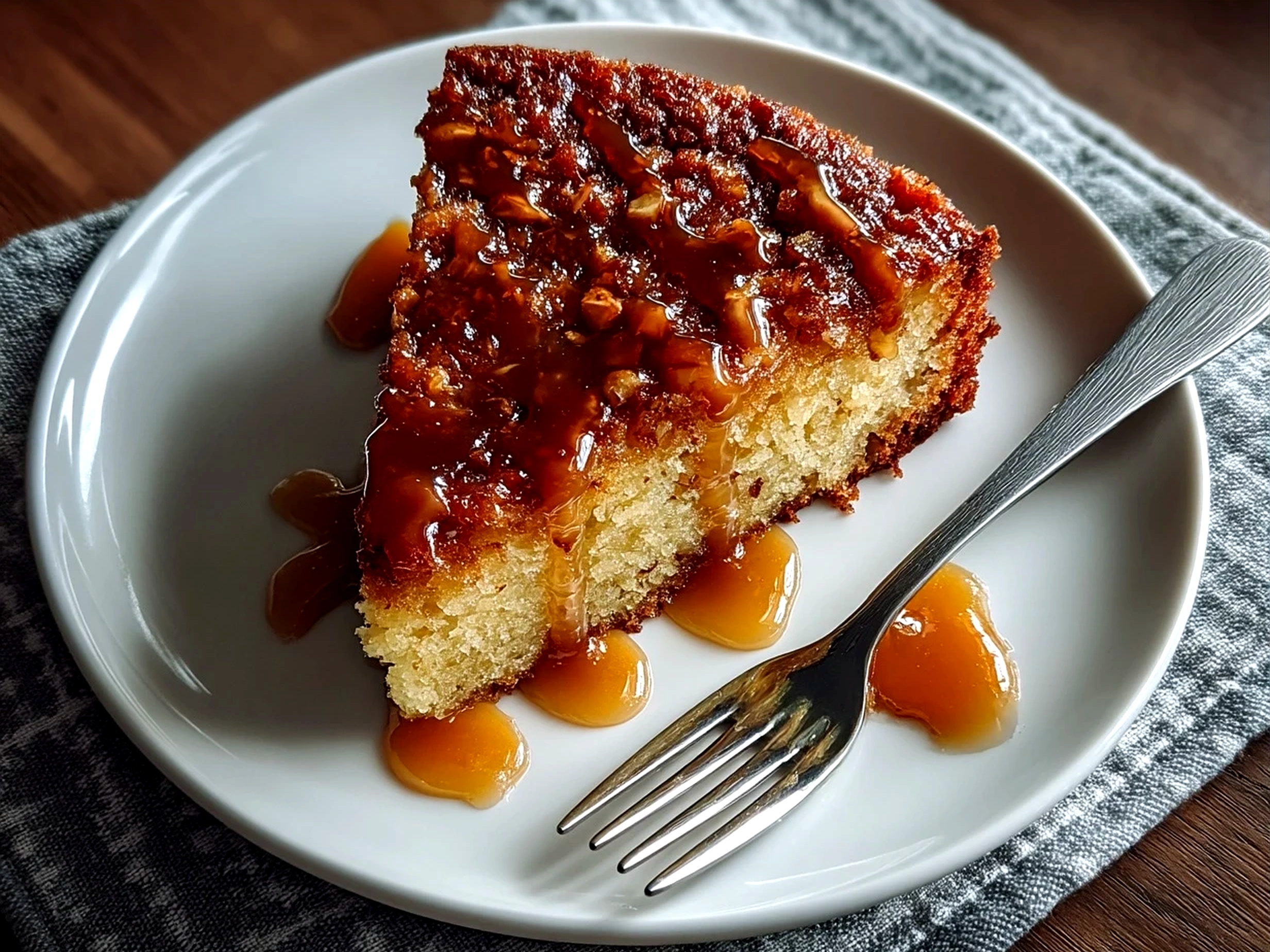 Moist applesauce cake served warm with whipped cream on a plate