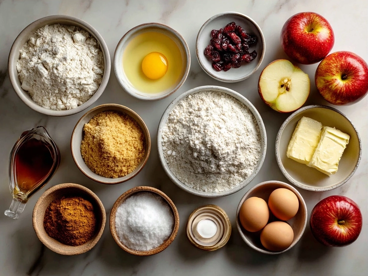 Ingredients for moist applesauce cake including flour, spices, sugars, oil, eggs, applesauce, and nuts
