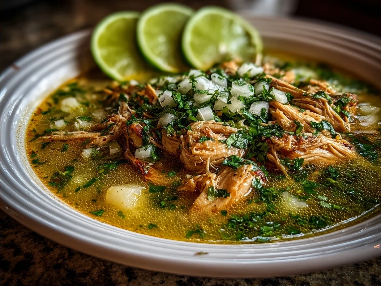 Final bowl of Authentic Crockpot Chicken Pozole Verde