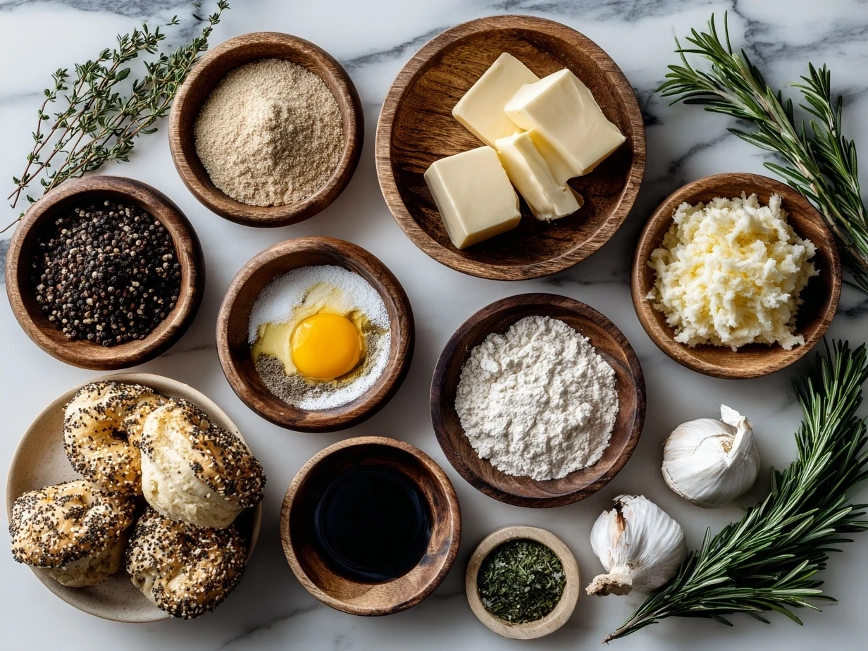 Ingredients for homemade bagel recipe laid out on table