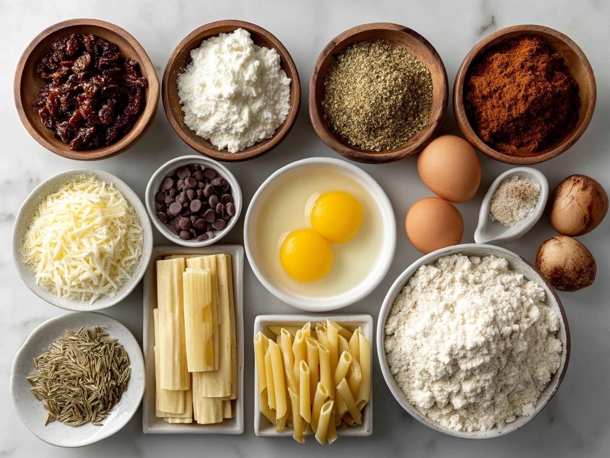 Ingredients laid out for making baked ziti including pasta, tomato sauce, cheeses, and spices