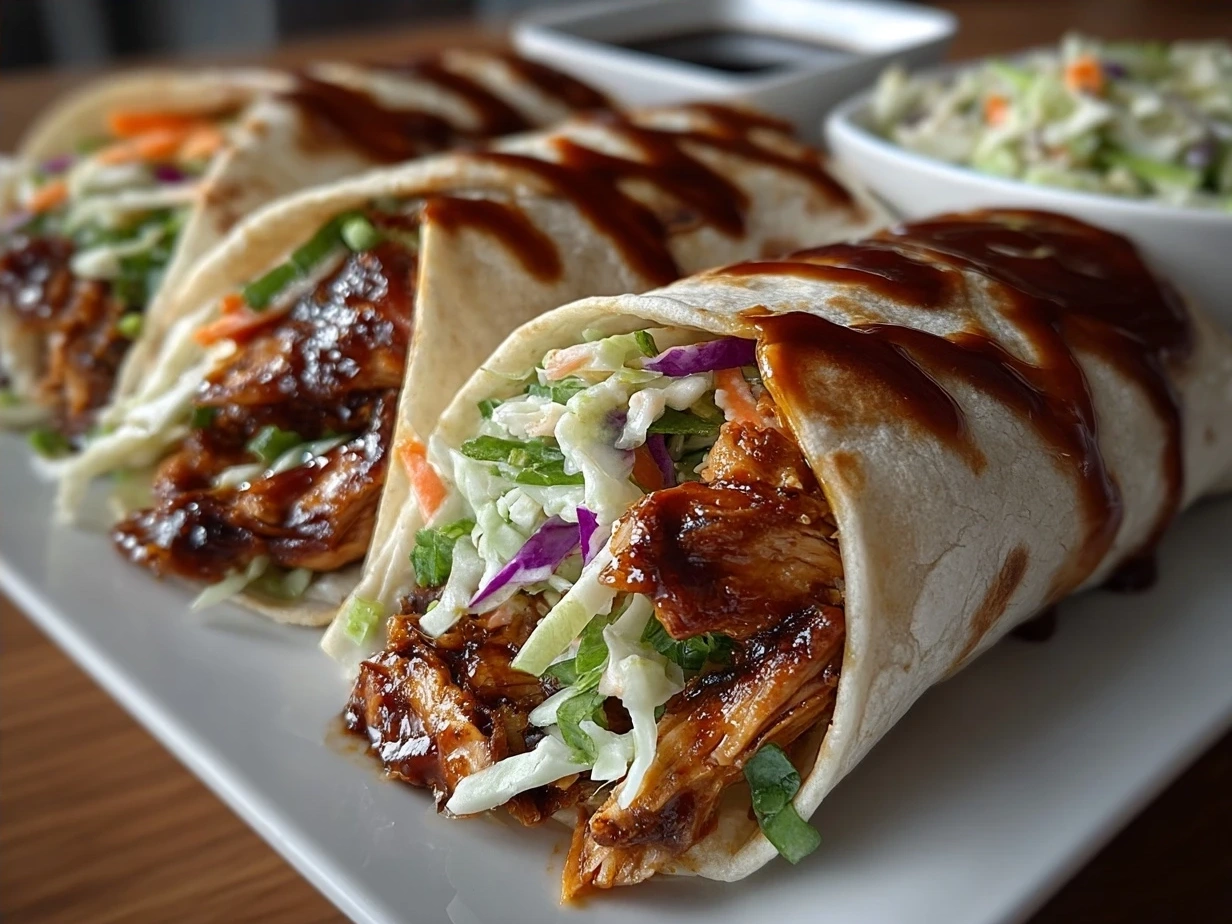 Freshly made BBQ Chicken and Coleslaw Wraps served on a wooden board with a side of dipping BBQ sauce