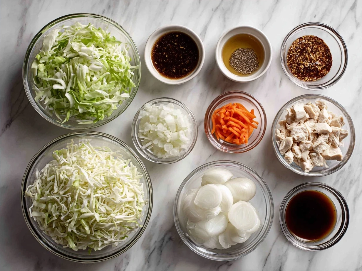 Ingredients for BBQ Chicken and Coleslaw Wraps including chicken breasts, BBQ sauce, tortillas, coleslaw mix, and dressing essentials