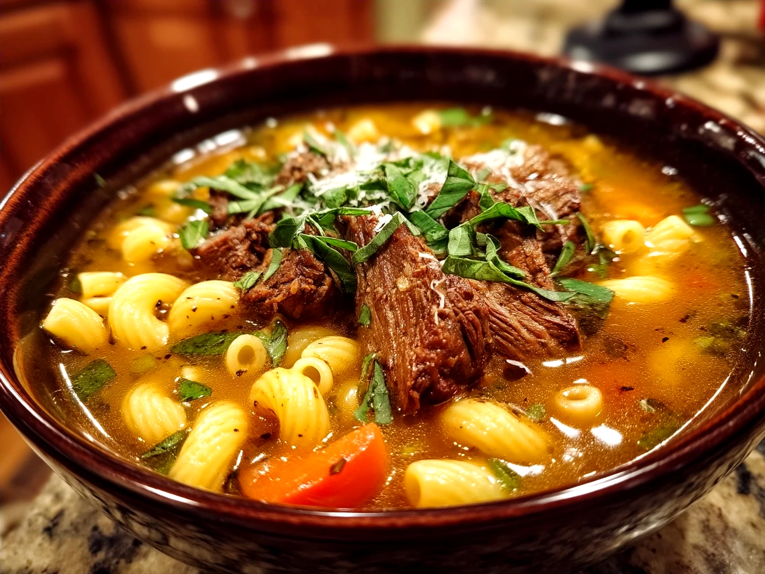 Served bowl of comforting beef and macaroni soup with garnish