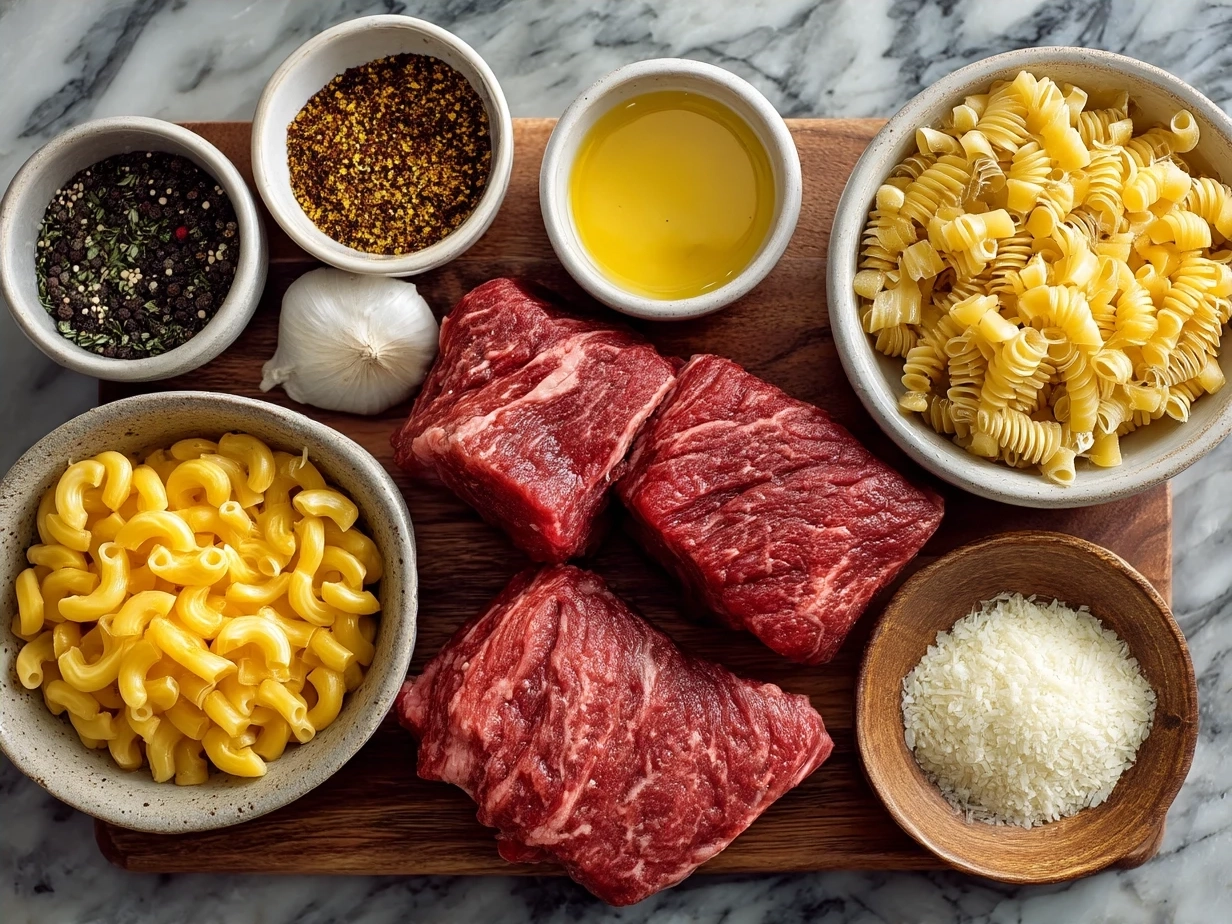 Ingredients laid out for hearty beef and macaroni soup including ground beef, fresh vegetables, and pasta