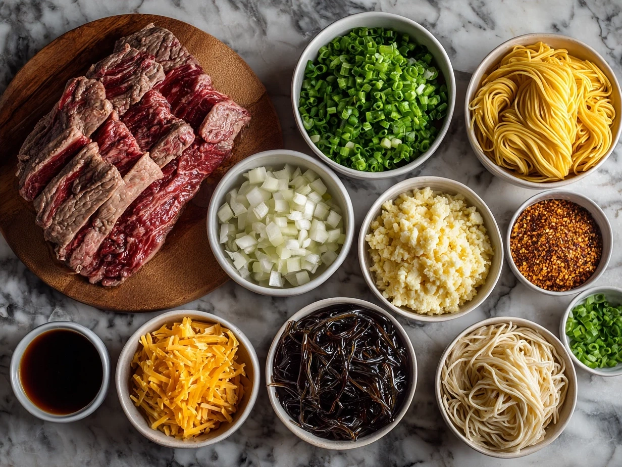 Ingredients for Beef Noodle Casserole including ground beef, egg noodles, cheese, sour cream, and seasonings