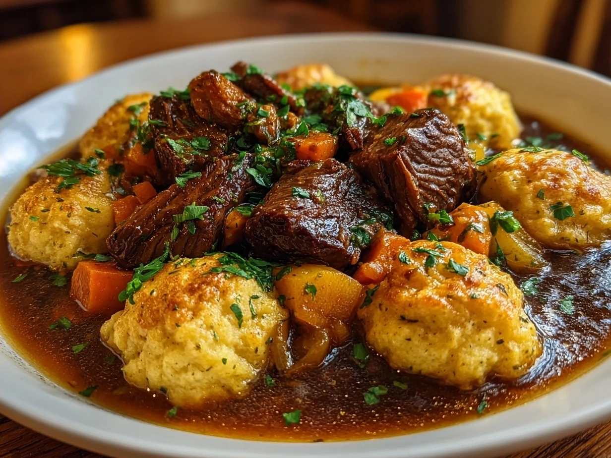 Final cooked Beef Stew and Dumplings in a bowl garnished with fresh parsley