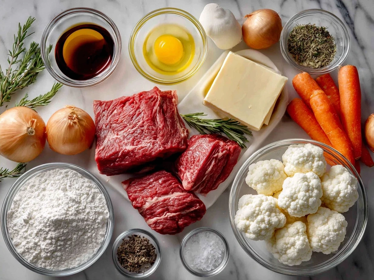 Ingredients for Beef Stew and Dumplings including beef, vegetables, flour, and herbs