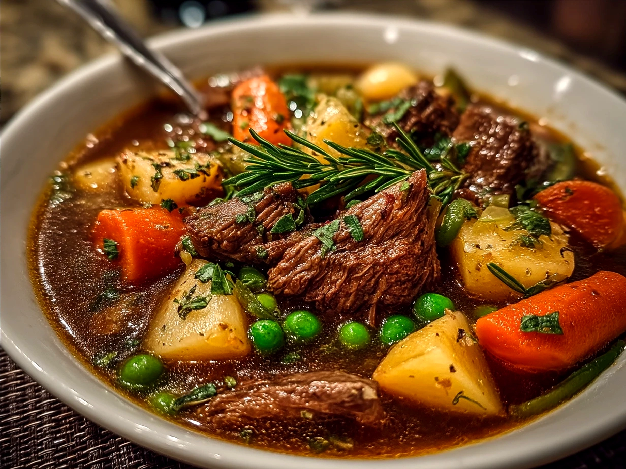 A bowl of hearty beef vegetable soup garnished with fresh parsley