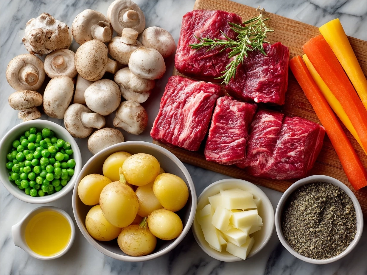 Ingredients laid out for beef vegetable soup including beef, carrots, potatoes, and herbs