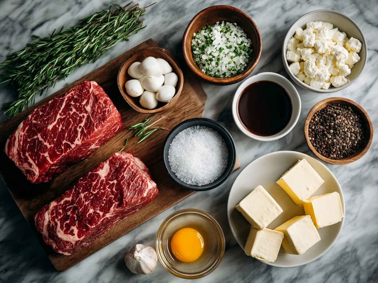 Ingredients for classic Beef Wellington laid out including beef tenderloin, mushrooms, prosciutto, puff pastry, Dijon mustard, and egg