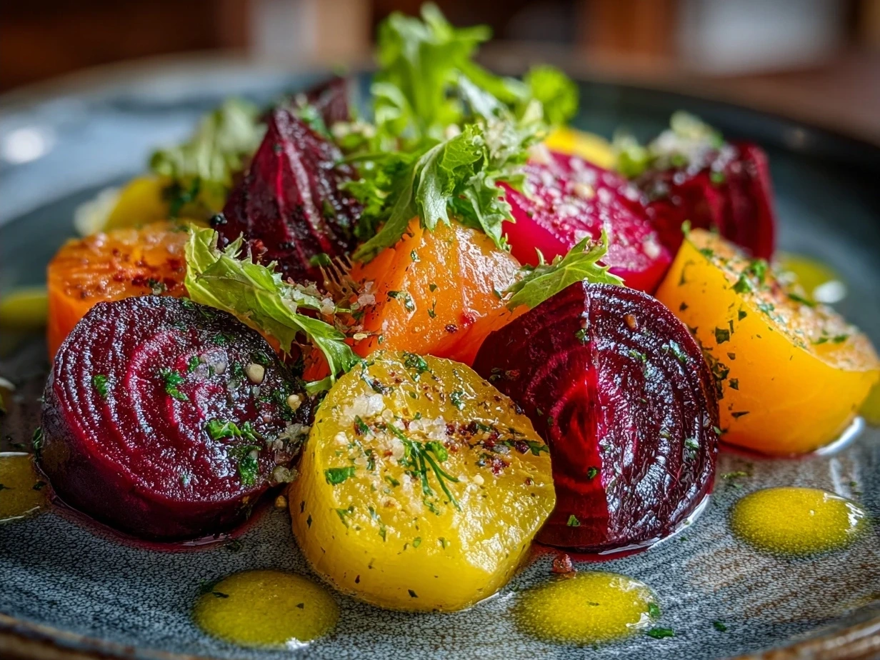 Finished vibrant beet salad with goat cheese, orange segments, and toasted walnuts presented on a rustic wooden board