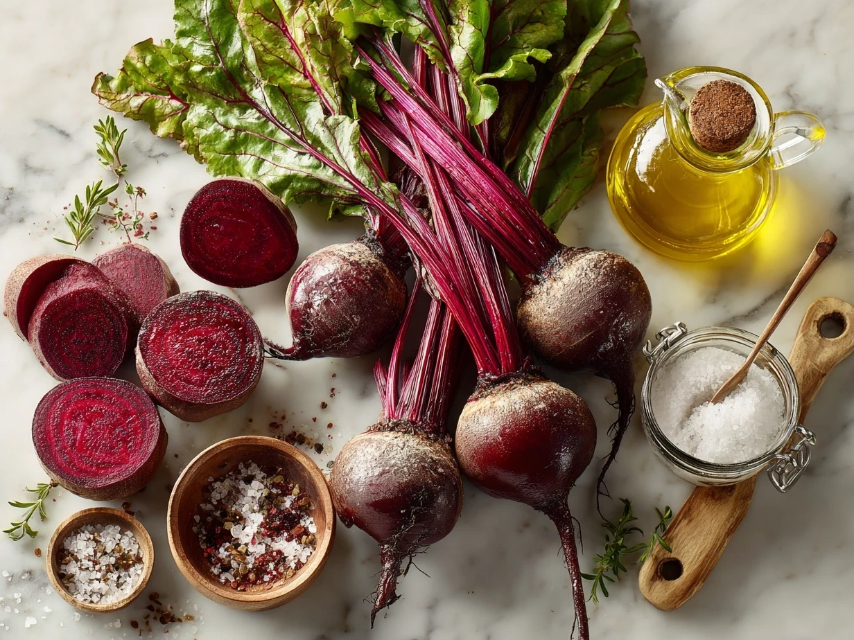Ingredients for making a fresh beet salad including beets, goat cheese, oranges, walnuts, and dressing essentials
