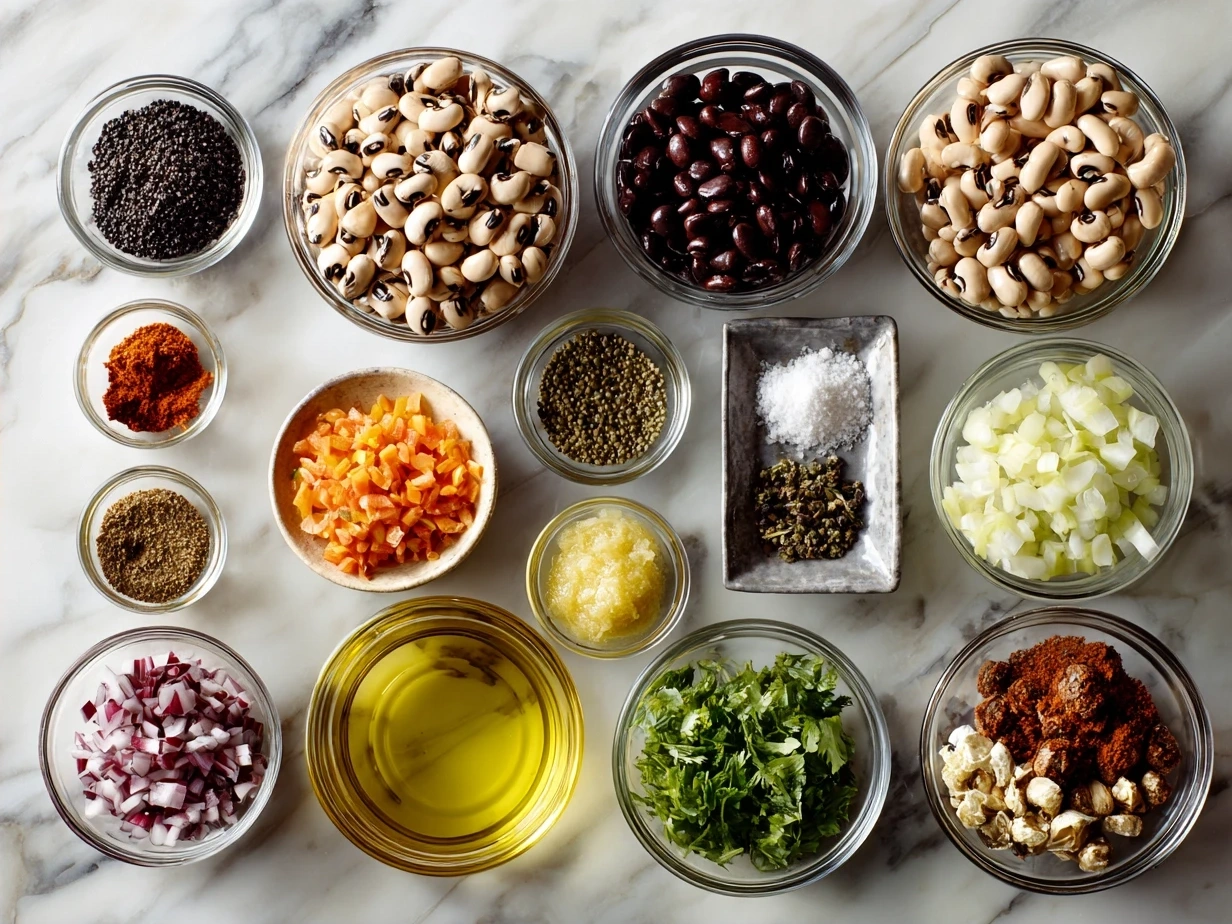 Ingredients for Black-Eyed Pea Salad: black-eyed peas, bell peppers, red onion, corn, cilantro, olive oil, apple cider vinegar, lime juice, Dijon mustard, salt, and pepper.