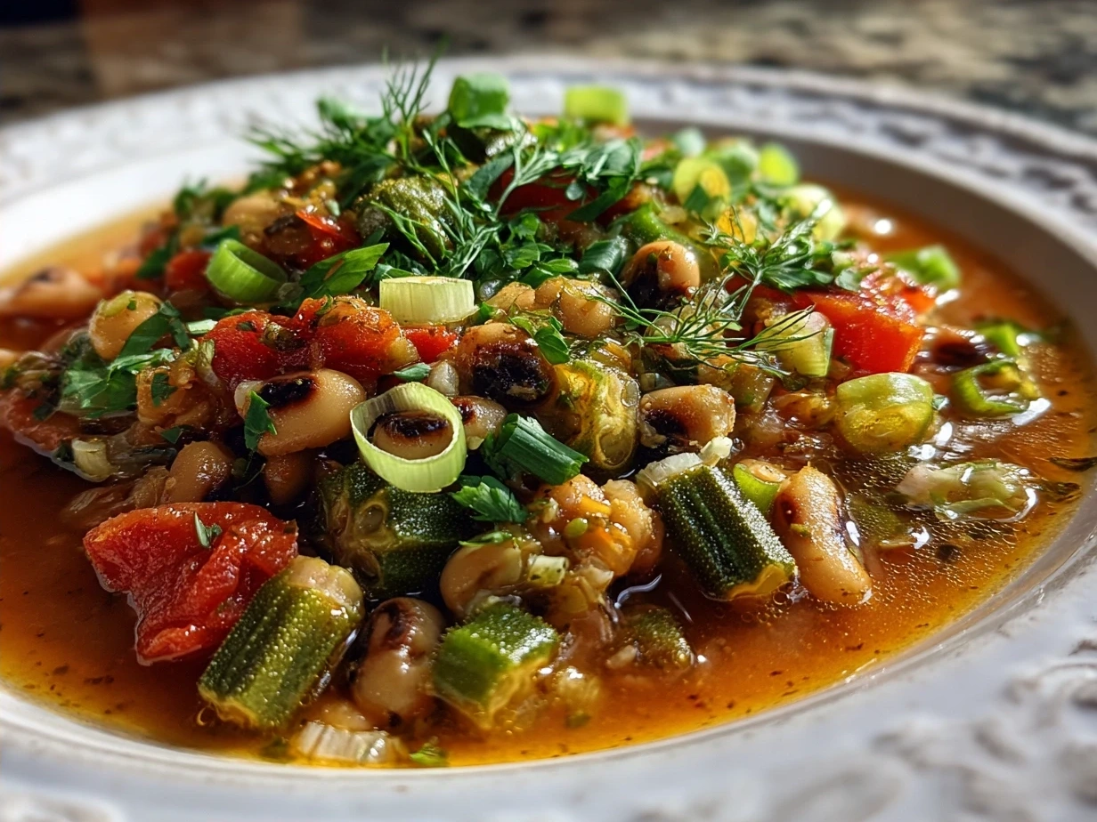 A bowl of steaming Black-Eyed Peas Okra Stew ready to serve
