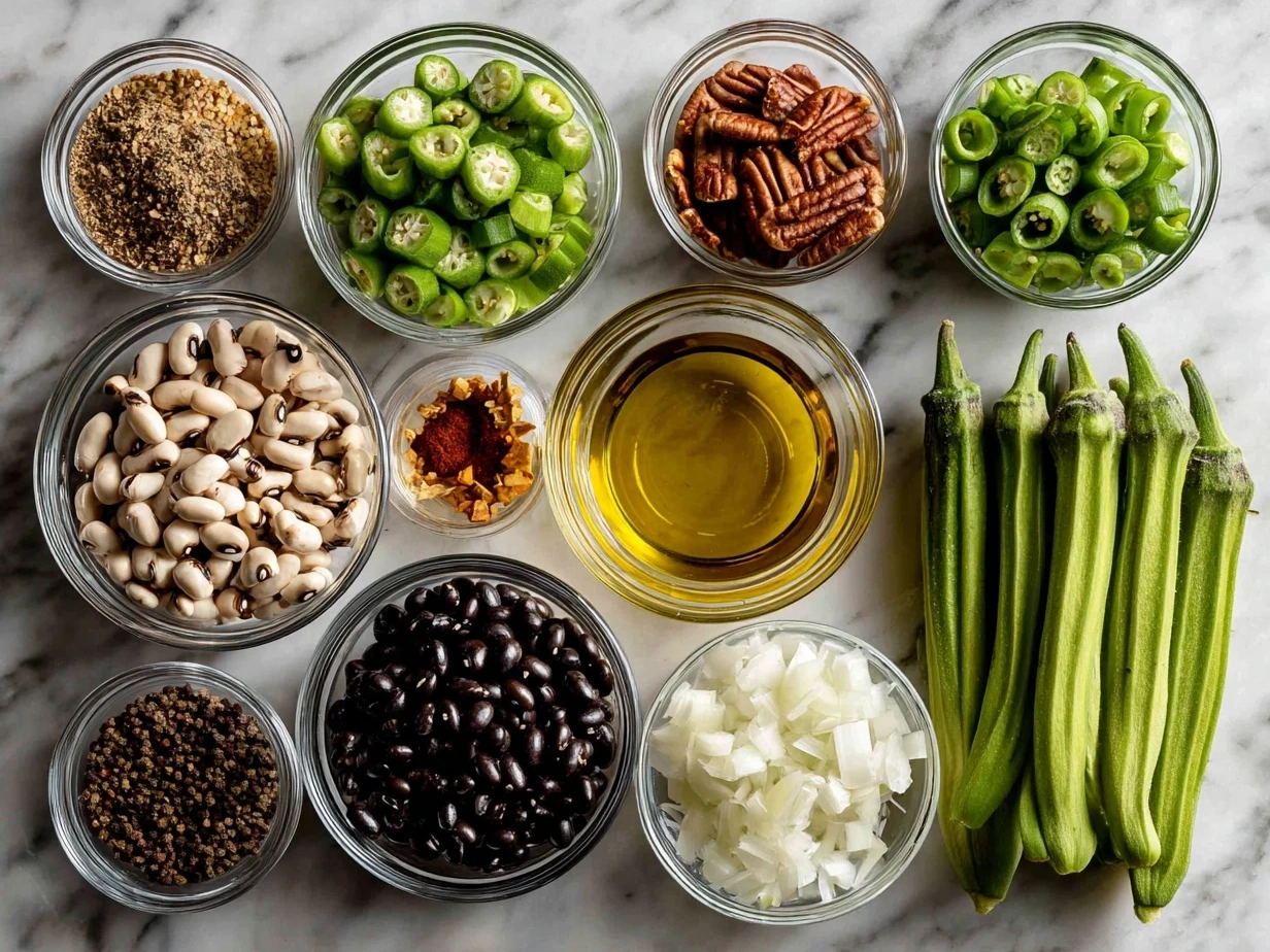 Ingredients for Black-Eyed Peas Okra Stew displayed on a kitchen counter