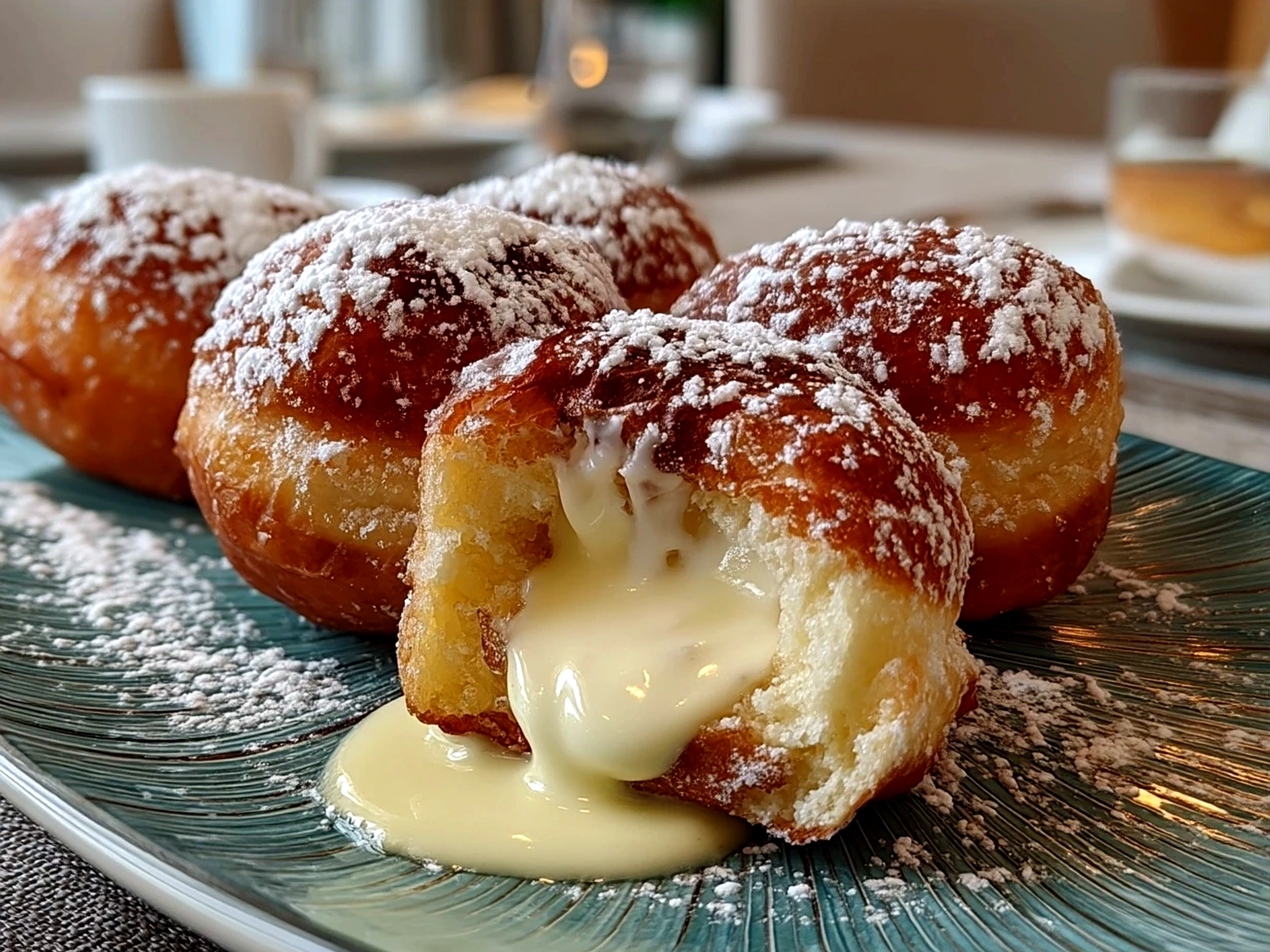 A platter of fresh Bomboloni alla Crema dusted with powdered sugar ready to serve