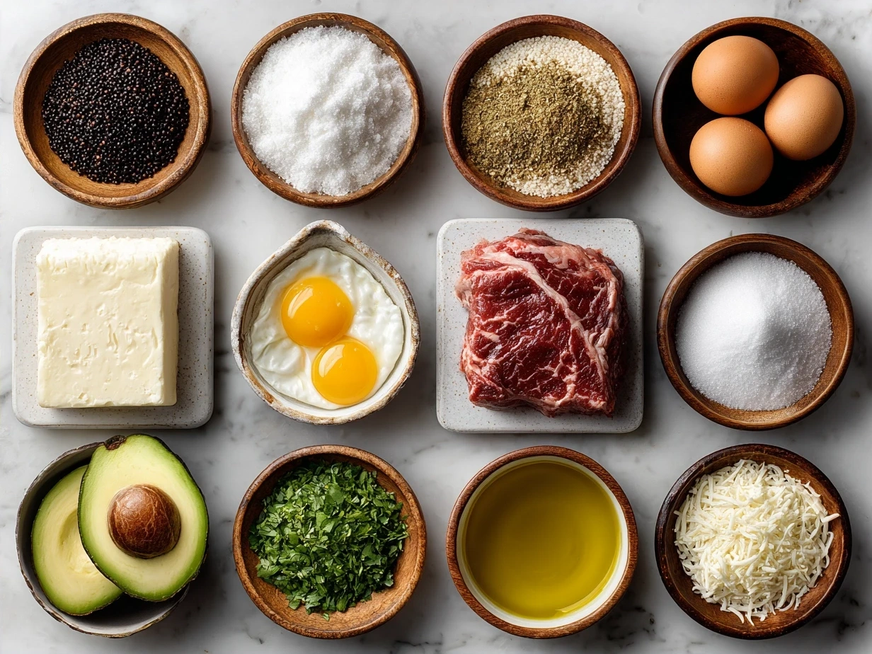 Ingredients for Brazilian Mounjaro recipe including beef, onion, tomatoes, bell pepper, and spices