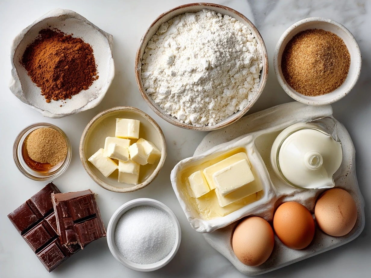 Ingredients for making a Brown Butter Cheesecake laid out on a kitchen counter