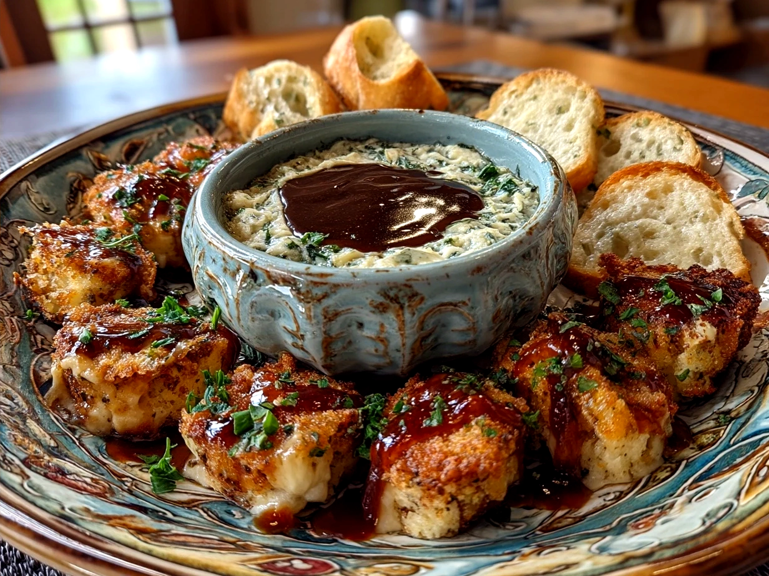 Buckeye Dip served in wooden bowl with dippers such as pretzels and apple slices