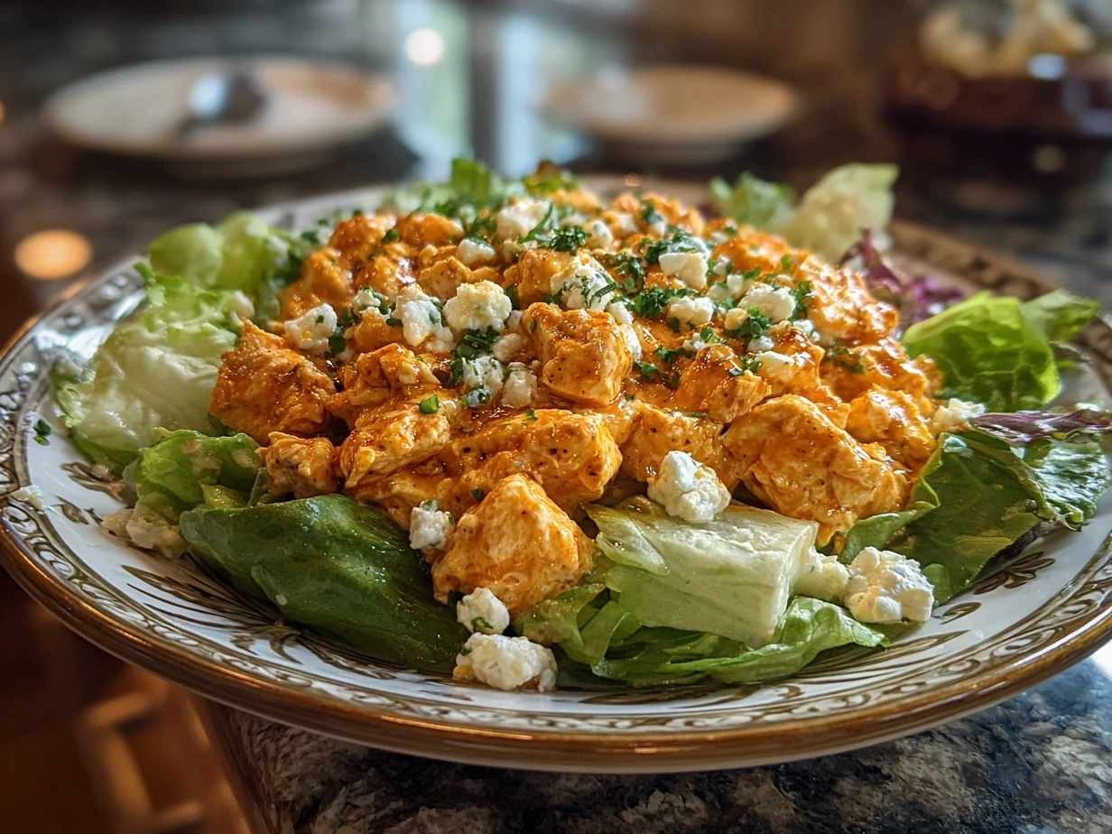 Buffalo chicken salad served in a bowl with blue cheese and garnishes