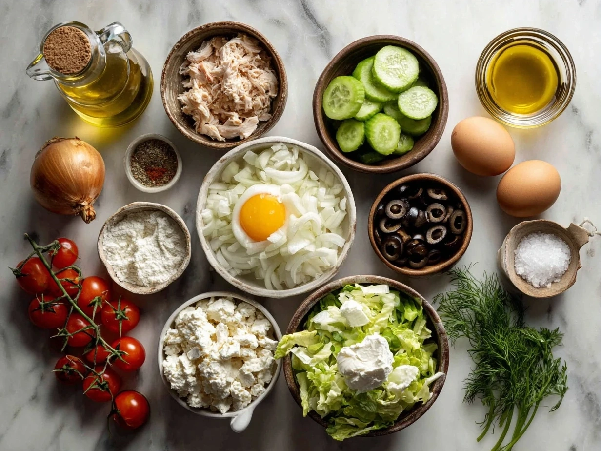 Fresh ingredients for buffalo chicken salad with greens, chicken breasts, buffalo sauce and blue cheese