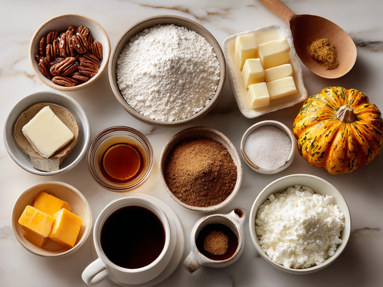 Ingredients for Butternut Squash-Apple Coffee Cake laid out including apples, spices, flour, sugars, nuts, eggs, and roasted butternut squash puree