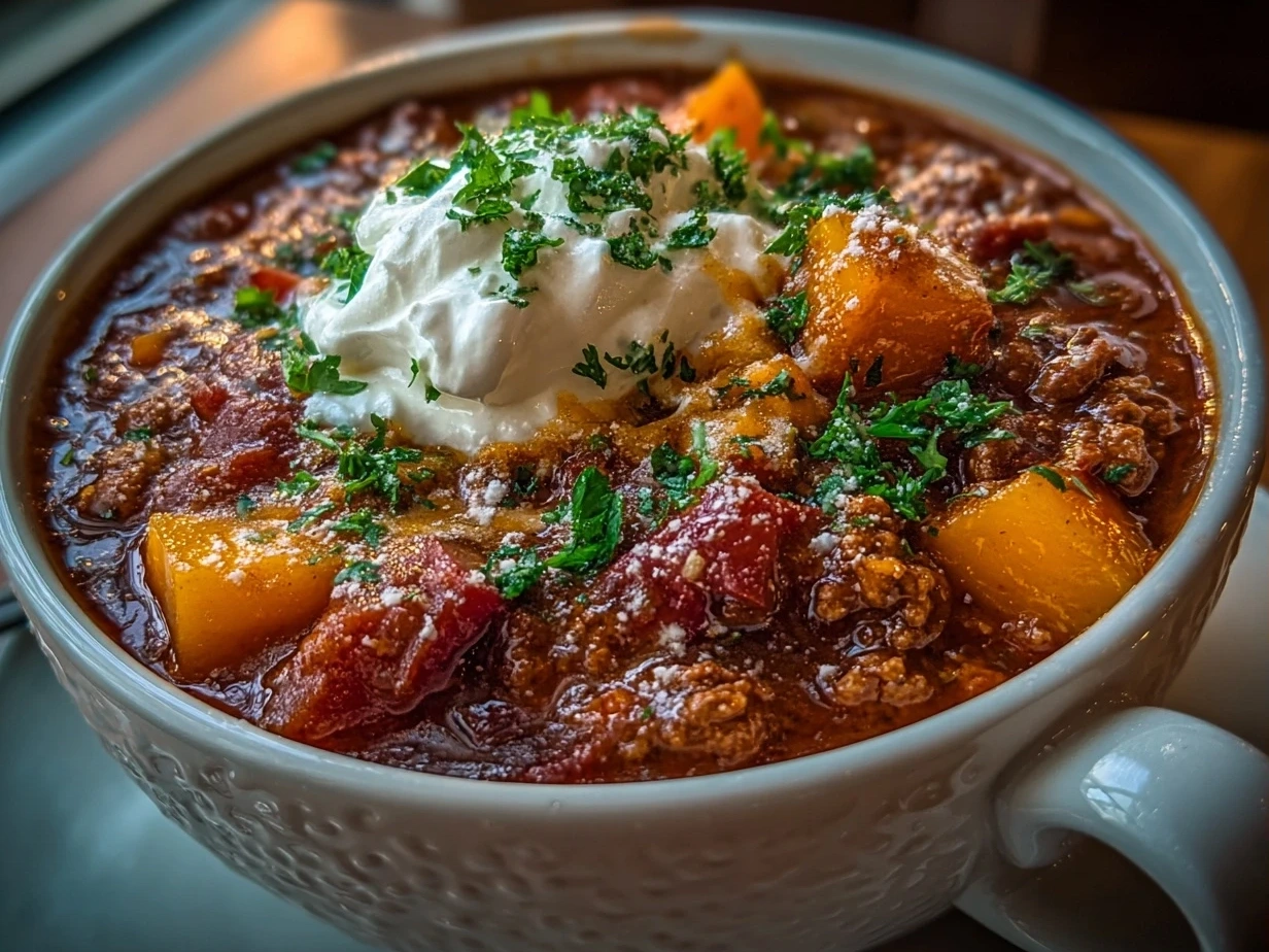 Final serving of Butternut Squash and Turkey Chili served in a bowl with fresh cilantro garnish