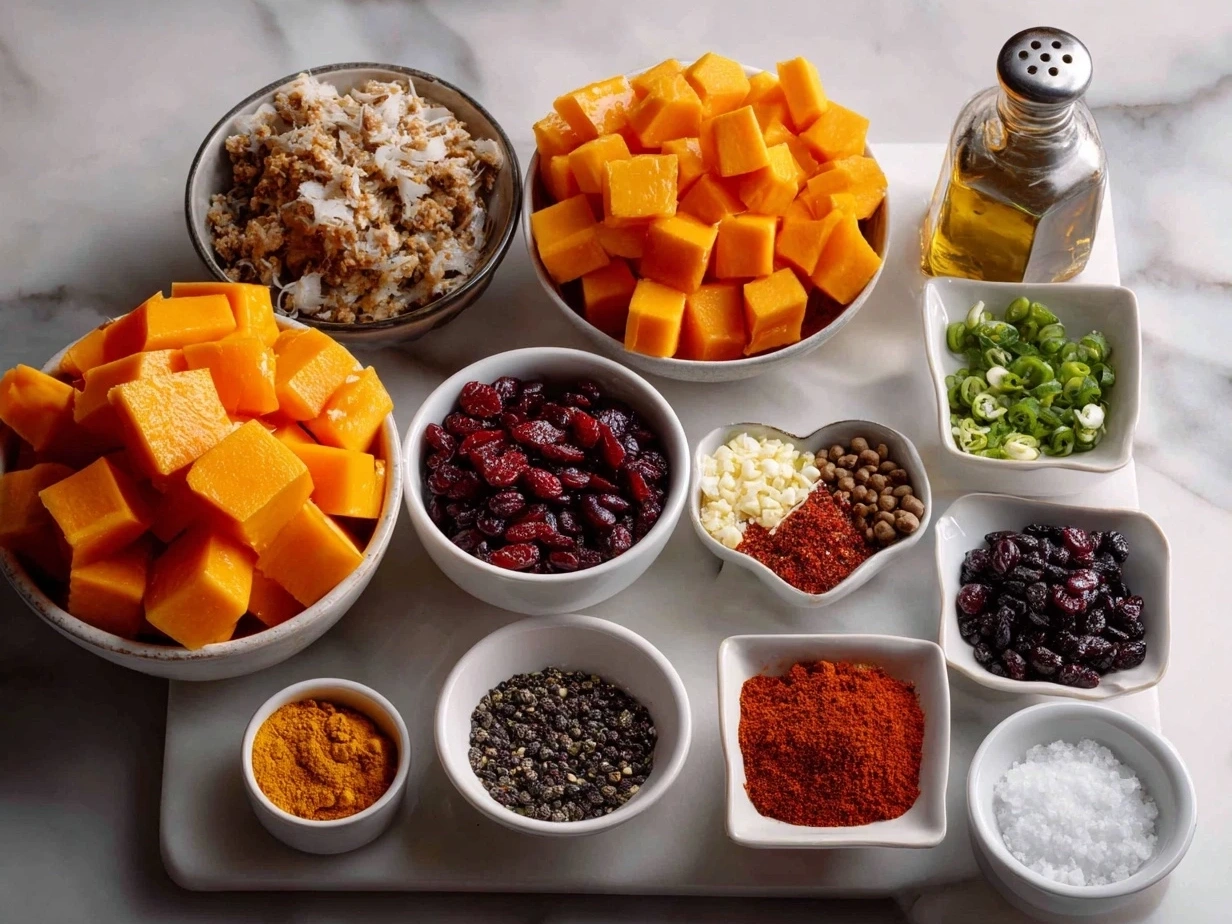 Ingredients for Butternut Squash and Turkey Chili laid out on a table