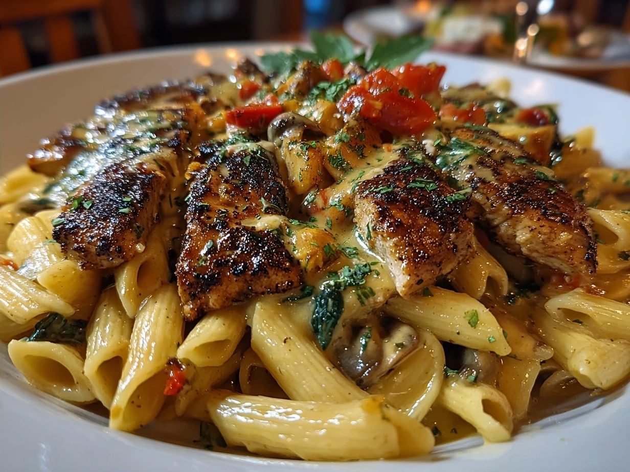 Finished Cajun chicken pasta served in a bowl garnished with Parmesan cheese and herbs