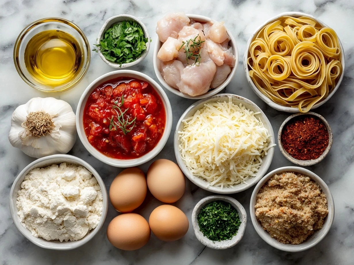 Ingredients for Cajun chicken pasta on a wooden surface including chicken, pasta, green pepper, and seasoning