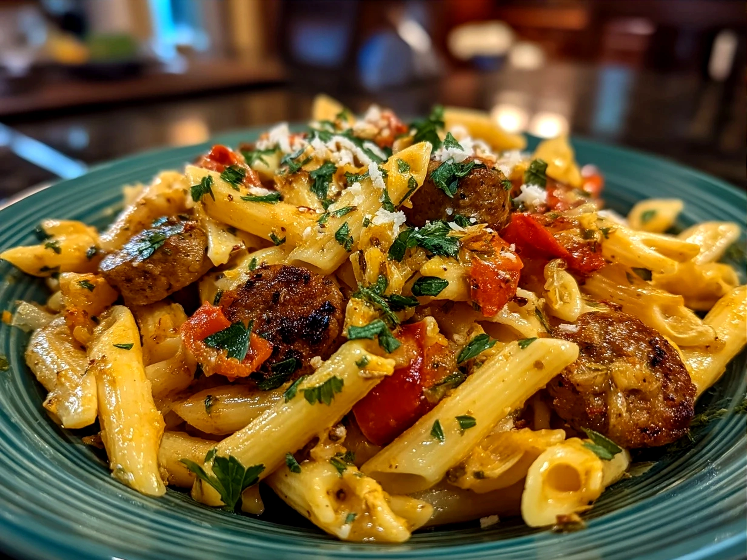 Creamy Cajun Sausage Pasta served on a plate with parsley garnish
