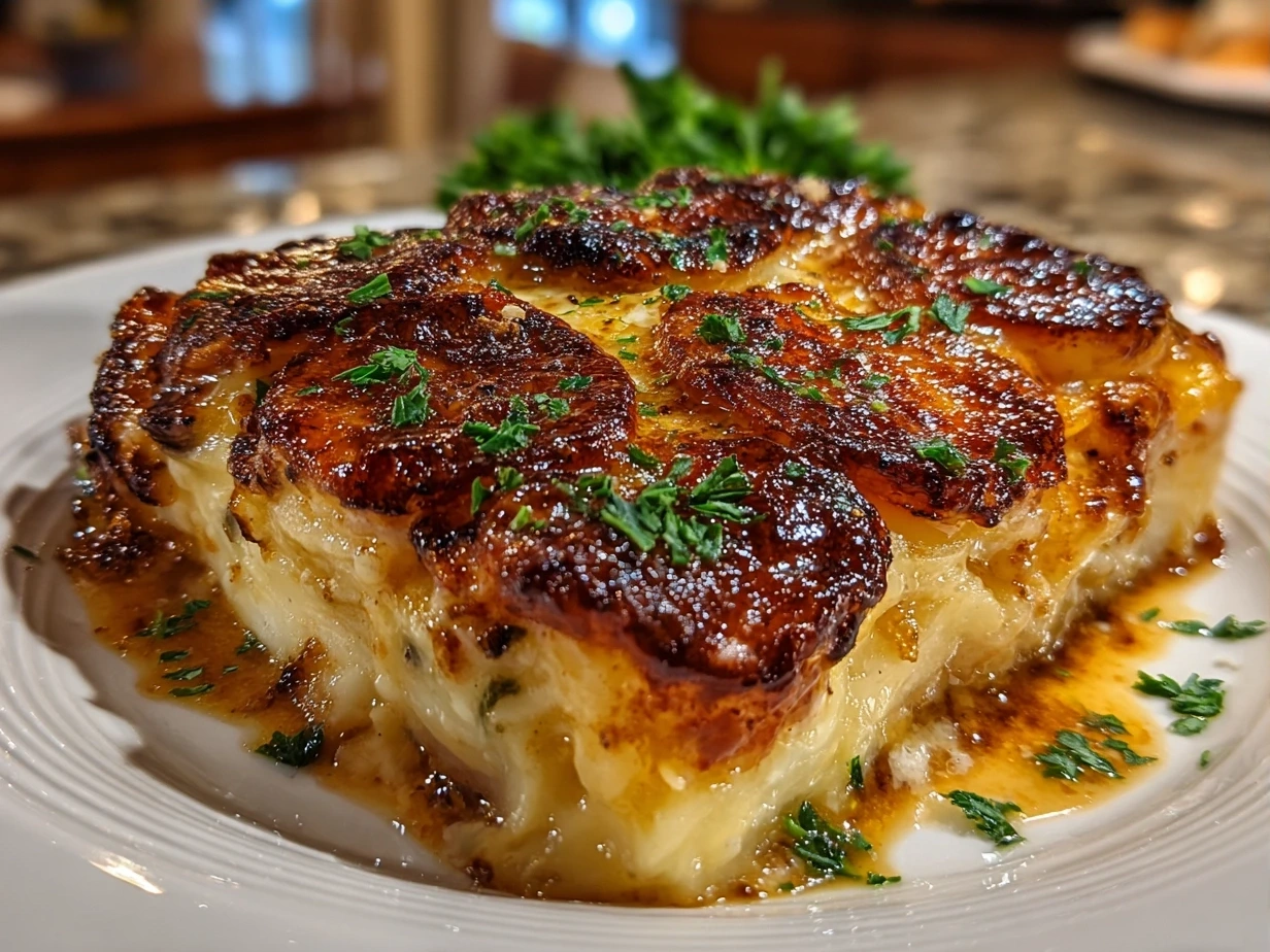 Final baked Cajun Scalloped Potatoes dish fresh from the oven, golden and bubbling