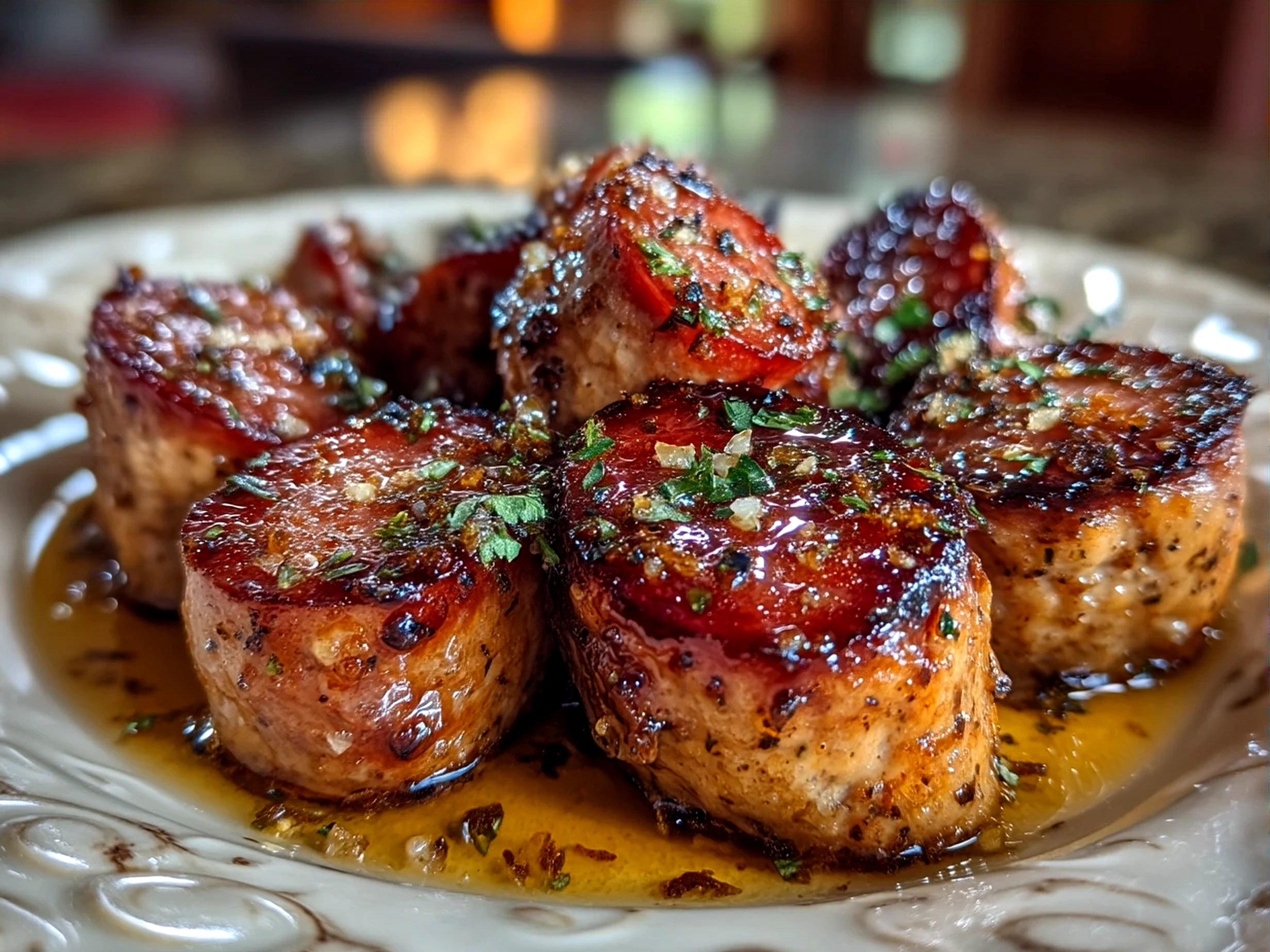 Finished Candied Kielbasa Bites served on a platter garnished with chopped parsley