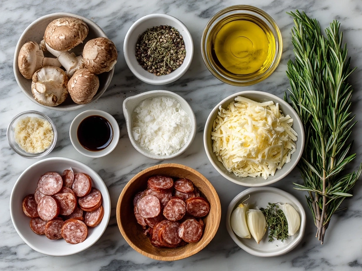 Ingredients laid out for making Candied Kielbasa Bites with maple syrup, brown sugar, and smoked kielbasa sausage