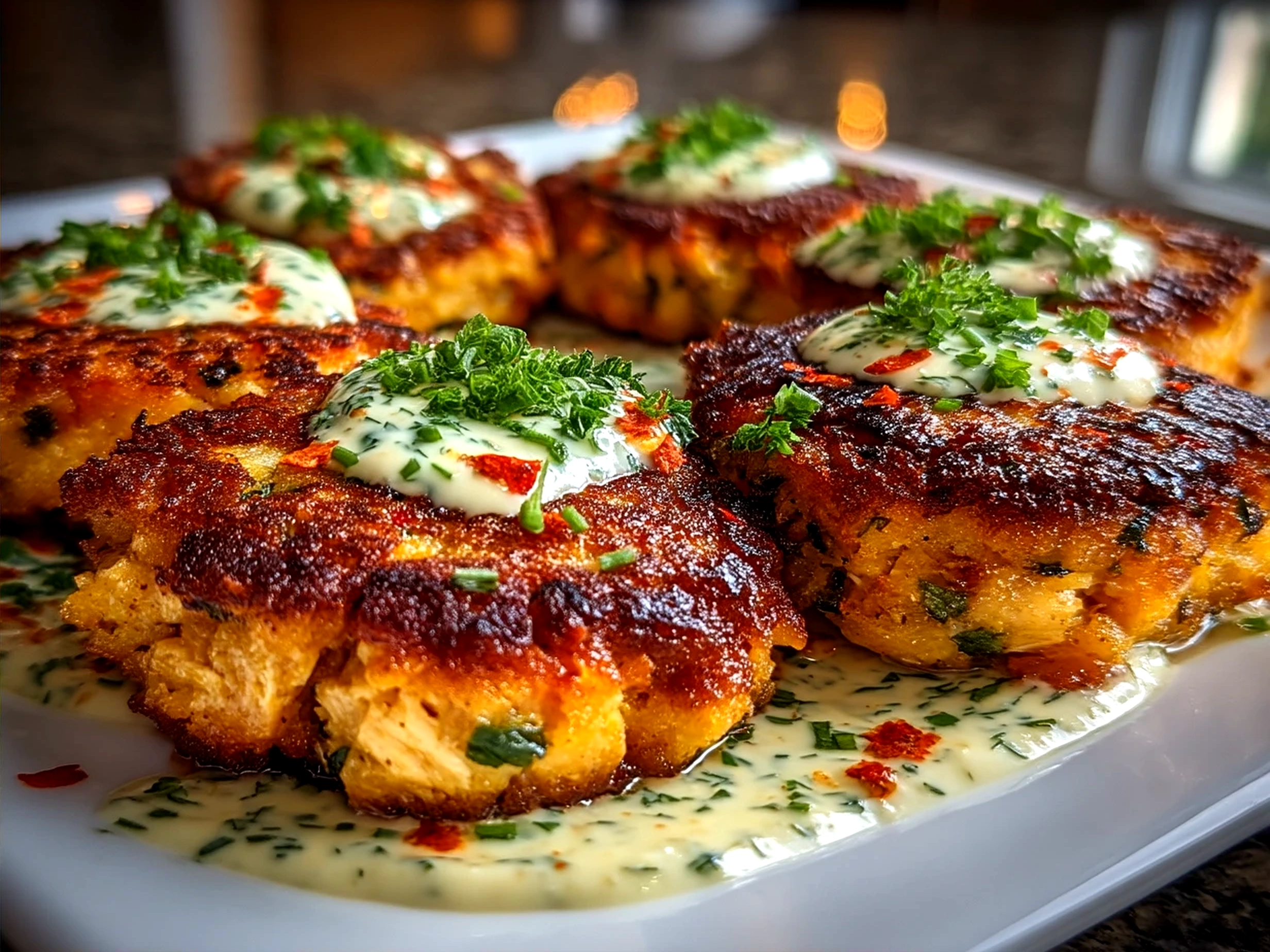 Plated canned salmon cakes served with green beans and sweet potato fries.