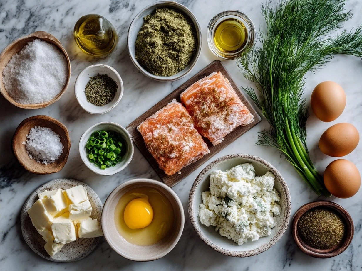 Ingredients for canned salmon cakes including canned salmon, breadcrumbs, eggs, mayonnaise, and fresh herbs.