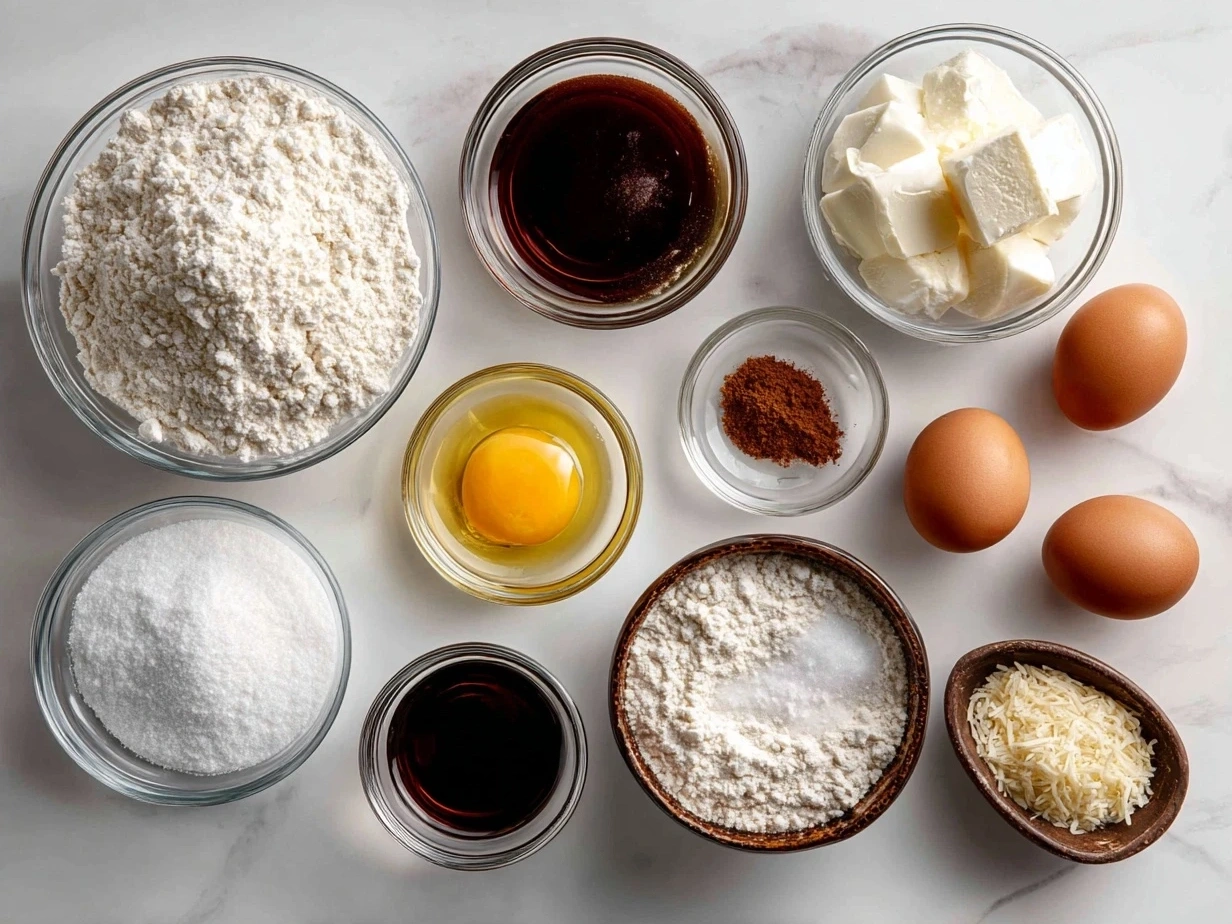 Ingredients for Capricorn Cake including flour, sugar, butter, milk, eggs, baking powder, baking soda, vanilla extract, and salt