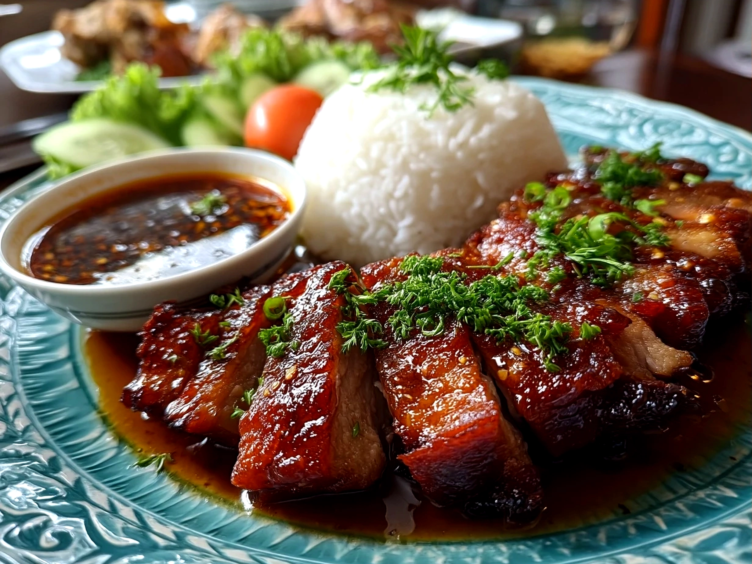 Plated Char Siu Chicken garnished with green onions alongside rice and vegetables