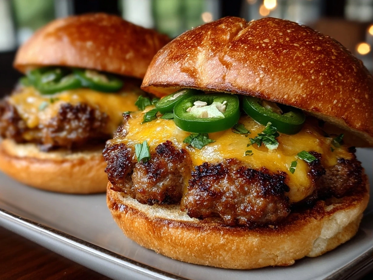 Deliciously assembled Cheddar Jalapeño Burgers served with sides