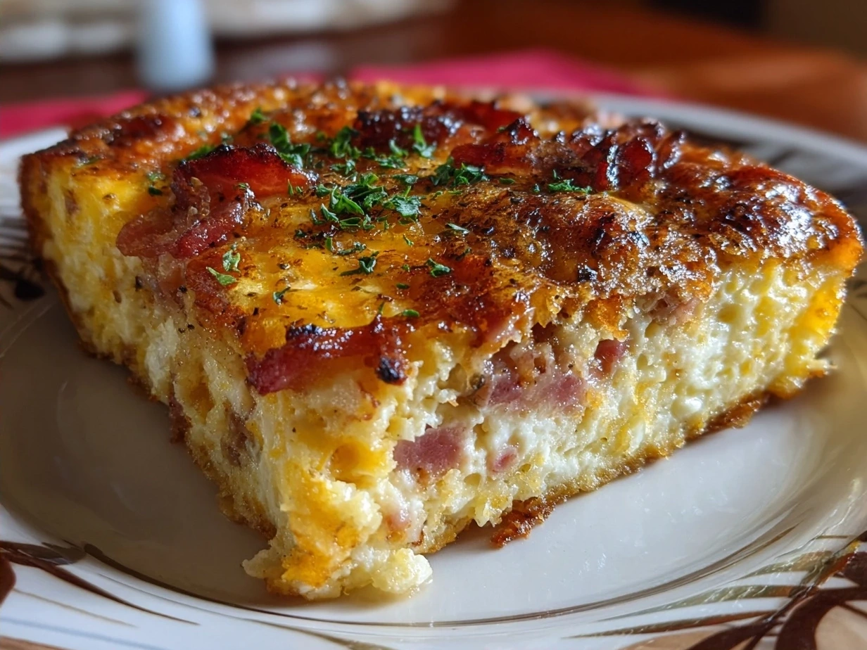 Baked Cheesy Breakfast Casserole served with fresh herbs