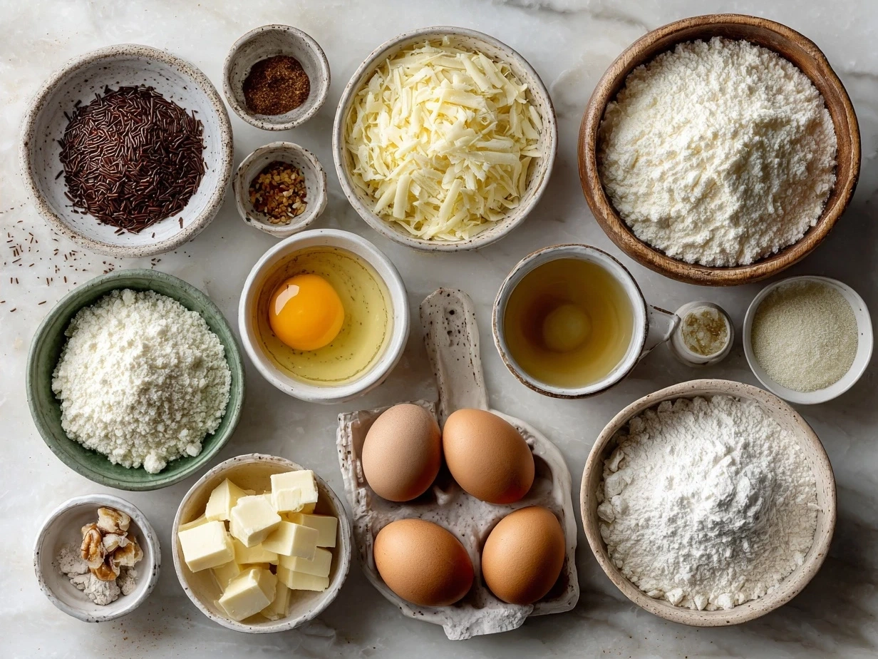 Ingredients for a Cheesy Breakfast Casserole including eggs, shredded cheese, bread cubes, and sausage