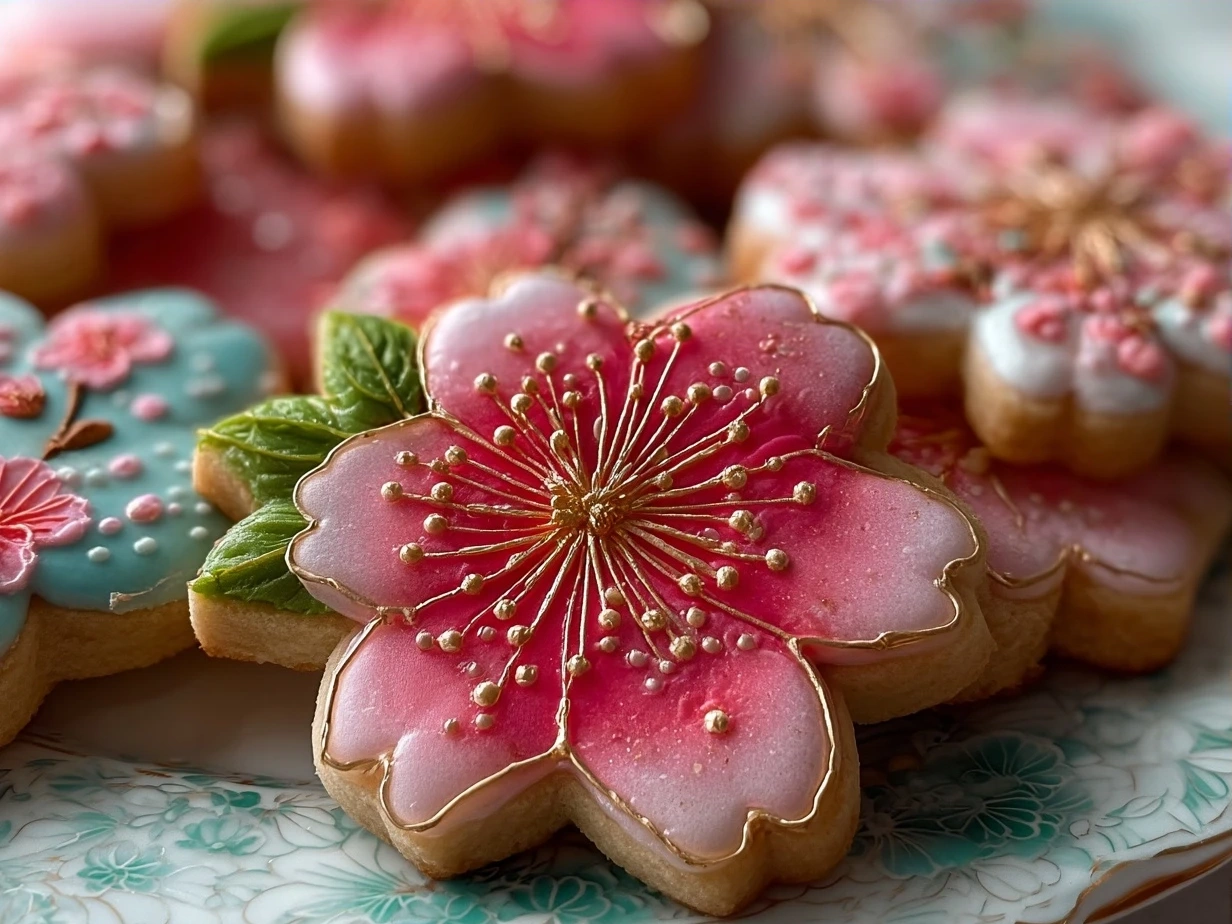 Finished Cherry Blossom Cookies arranged on a decorative plate