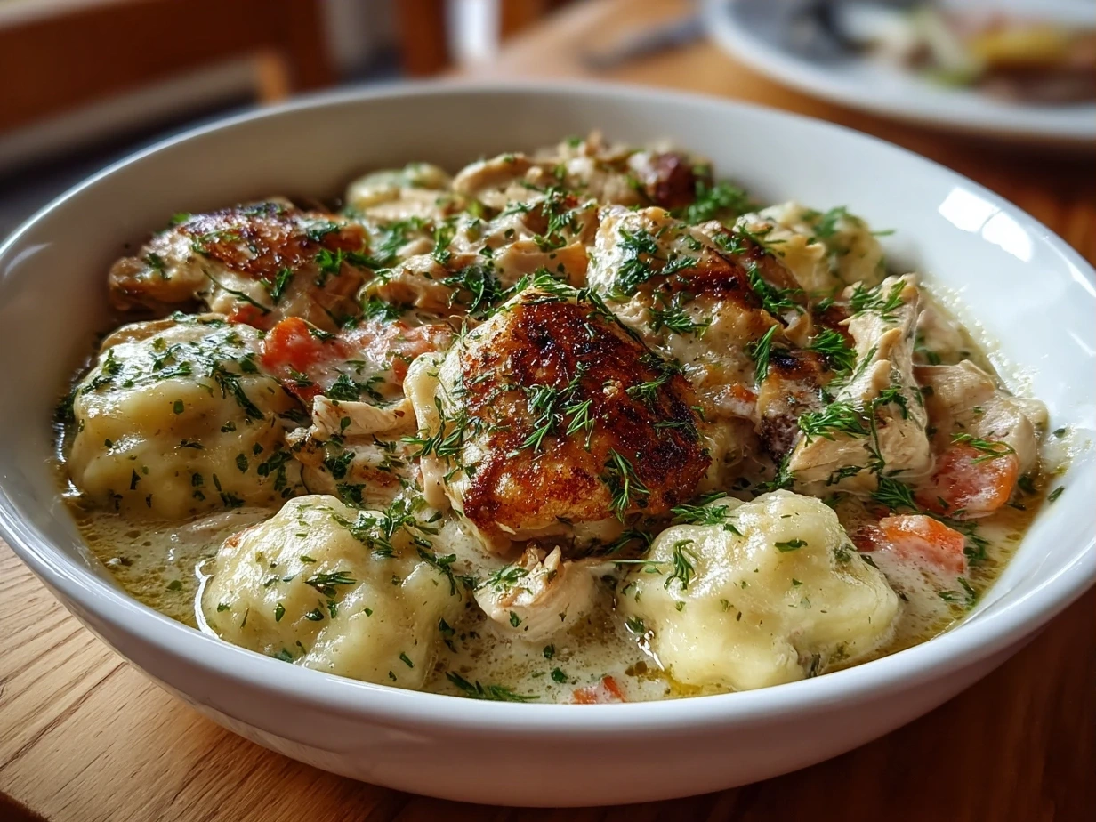 Bowl of homemade chicken and dumplings with fresh parsley garnish ready to serve
